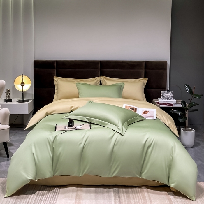 91家纺网 家纺一手货源 找家纺 秀色2025新款50支贡缎纯色双拼四件套长绒棉套件单被套 艾绿+奶茶米