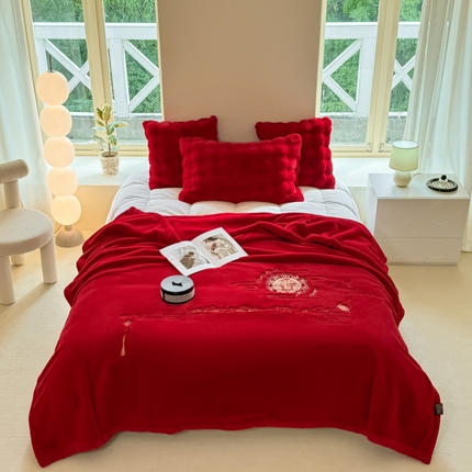 尚品绵羊毛毯 2025新款高端婚庆毛毯双层加厚仿貂皮草绣花毯盖毯 百年好合