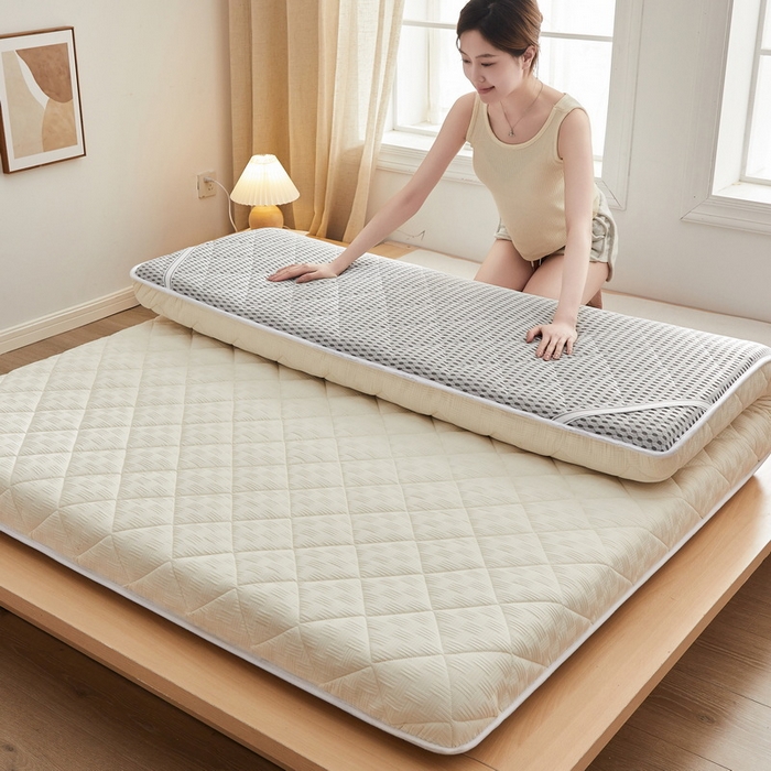 91家纺网 家纺一手货源 找家纺 2024新款A类华夫格大豆纤维抗压床垫【床垫遮盖物】 单边华夫格-米黄