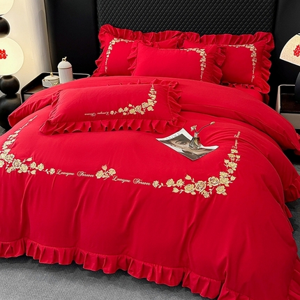 91家纺网 家纺一手货源 找家纺 富宁家纺 2025新款高端时尚大红色婚庆刺绣木锦棉四件套【提供买家秀】花开浪漫