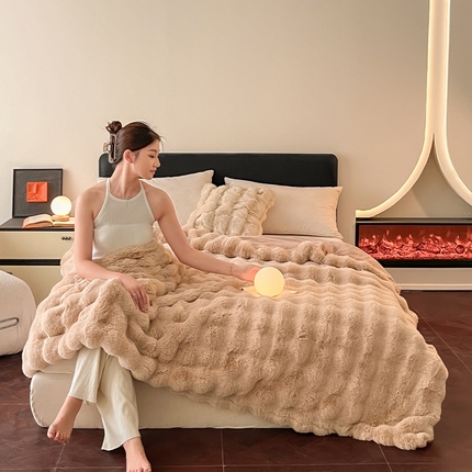 2024新款A类法式高克重兔绒多功能毛毯被套双用盖毯 卡其-毛毯