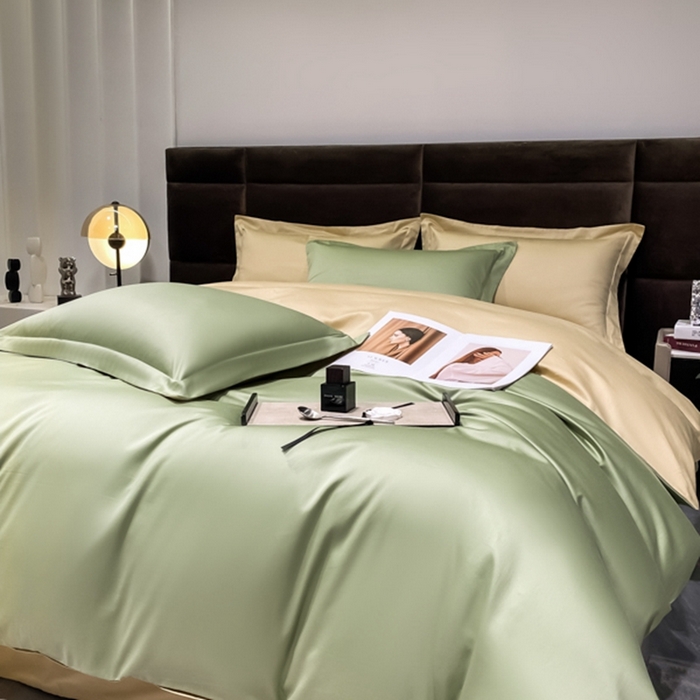 91家纺网 家纺一手货源 找家纺 秀色2025新款50支贡缎纯色双拼四件套长绒棉套件单被套 艾绿+奶茶米