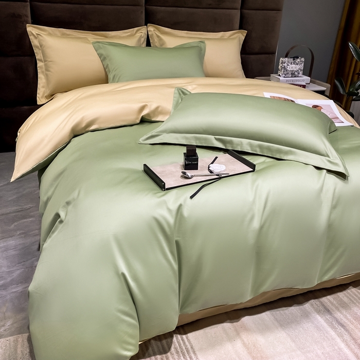 91家纺网 家纺一手货源 找家纺 秀色2025新款50支贡缎纯色双拼四件套长绒棉套件单被套 艾绿+奶茶米