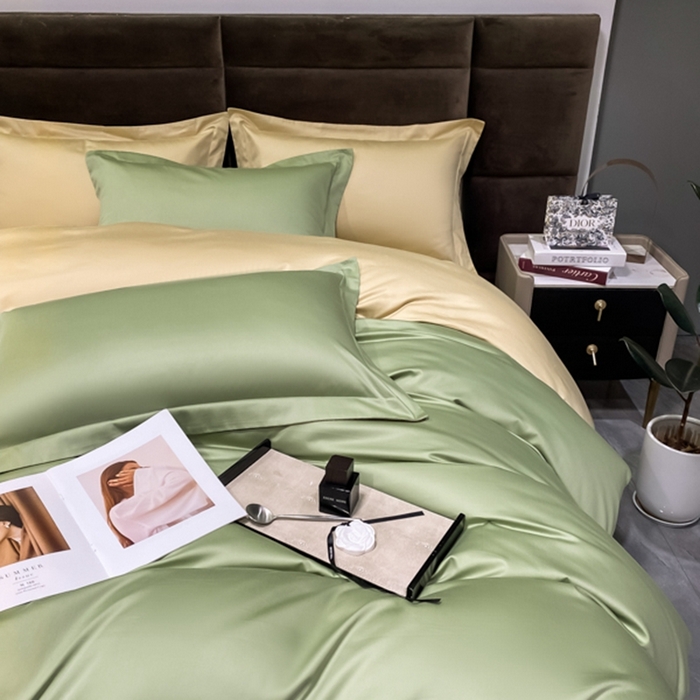 91家纺网 家纺一手货源 找家纺 秀色2025新款50支贡缎纯色双拼四件套长绒棉套件单被套 艾绿+奶茶米