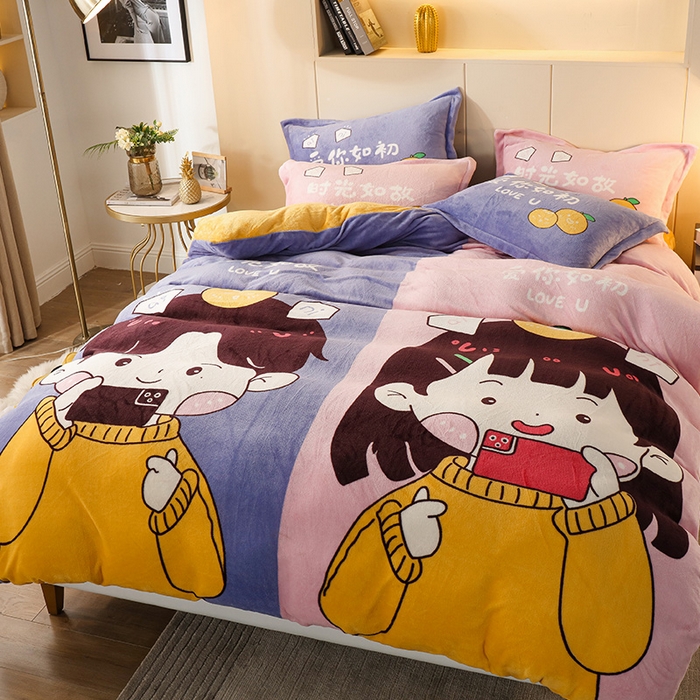 91家纺网 家纺一手货源 找家纺 凡客 2024新款牛奶绒大版印花四件套 初恋