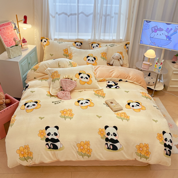 91家纺网 家纺一手货源 找家纺 柒月 2024新款小清新牛奶绒印花加厚保暖四件套 花花熊猫