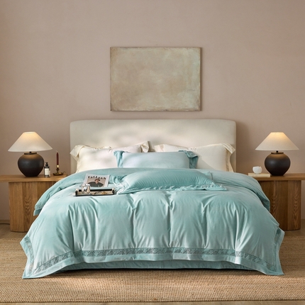 91家纺网 家纺一手货源 找家纺 时亿家居 2024新款300g婴肤绒四件套-爵士系列 爵士 豆绿