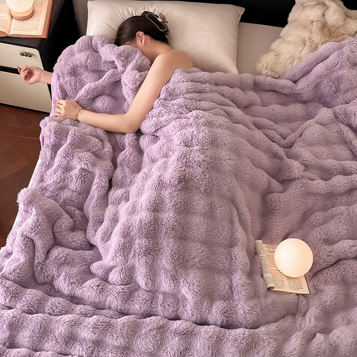 91家纺网 家纺一手货源 找家纺 2024新款A类法式高克重兔绒多功能毛毯被套双用盖毯 香芋紫-毛毯