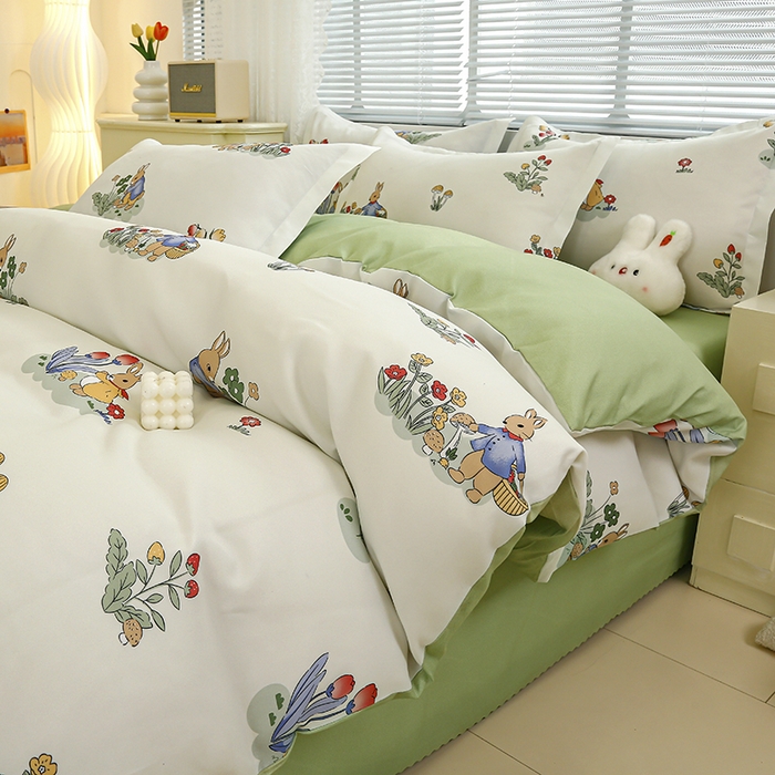 91家纺网 家纺一手货源 找家纺 友承 2025新款亲肤磨毛植物羊绒印花四件套 花丛兔