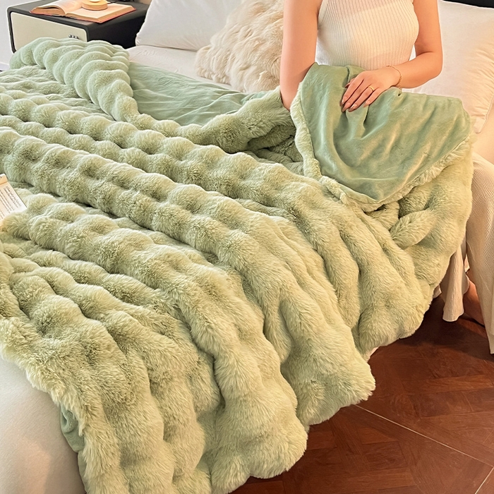 91家纺网 家纺一手货源 找家纺 2024新款A类法式高克重兔绒多功能毛毯被套双用盖毯 清新绿-毛毯