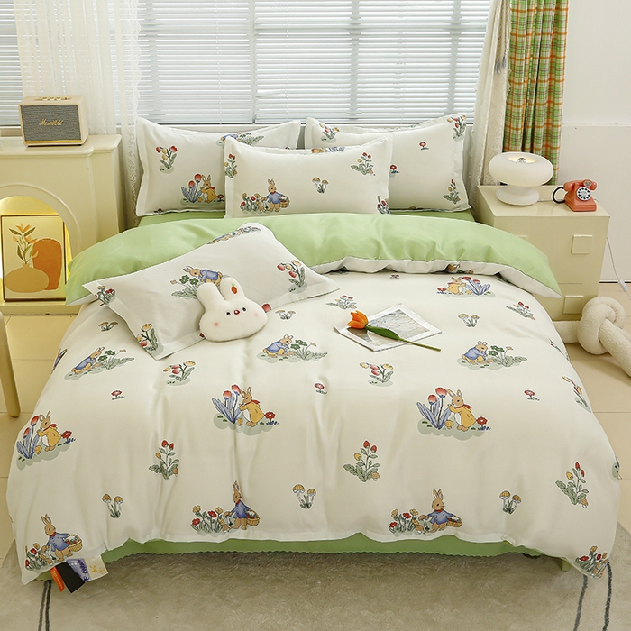 91家纺网 家纺一手货源 找家纺 友承 2025新款亲肤磨毛植物羊绒印花四件套 花丛兔