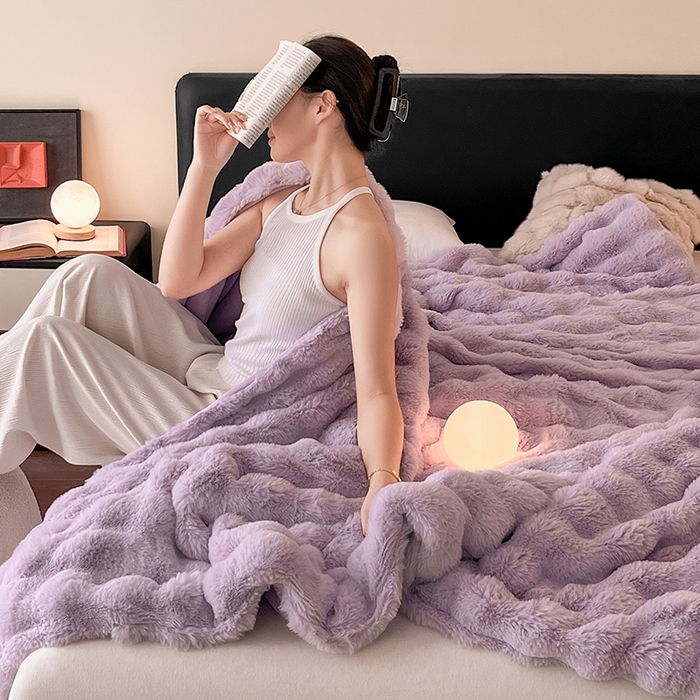 91家纺网 家纺一手货源 找家纺 2024新款A类法式高克重兔绒多功能毛毯被套双用盖毯 香芋紫-毛毯