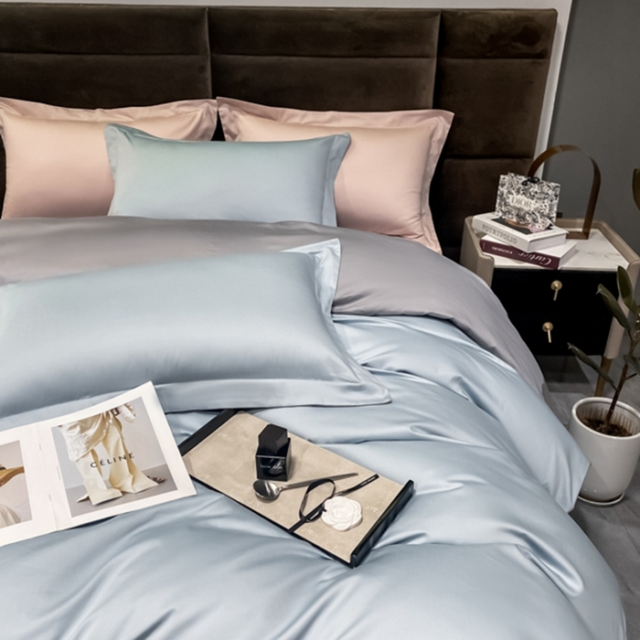 91家纺网 家纺一手货源 找家纺 秀色2025新款50支贡缎纯色双拼四件套长绒棉套件单被套 郁兰+典雅灰