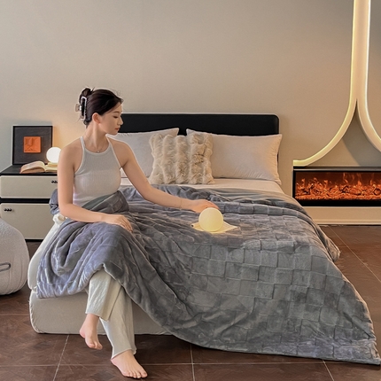 2024新款A类法式高克重兔绒多功能毛毯被套双用盖毯 方块浅灰-毛毯