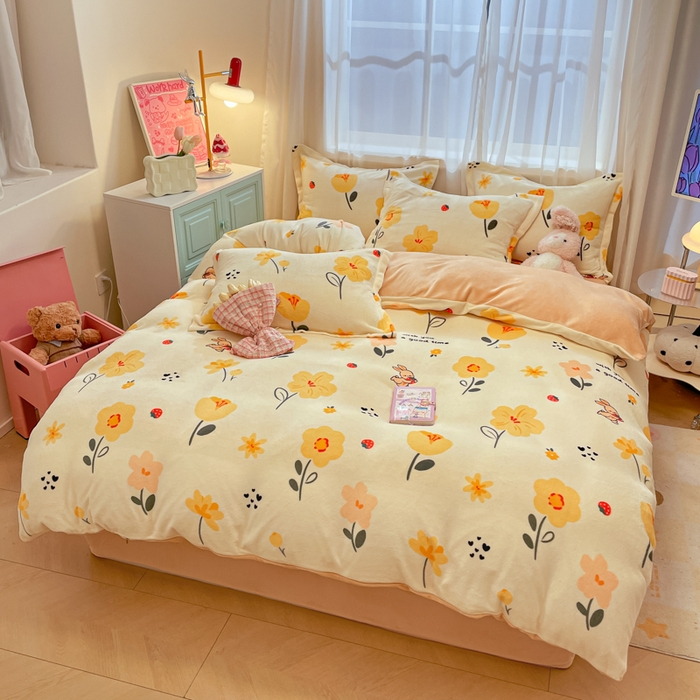 91家纺网 家纺一手货源 找家纺 柒月 2024新款小清新牛奶绒印花加厚保暖四件套 花花奶兔