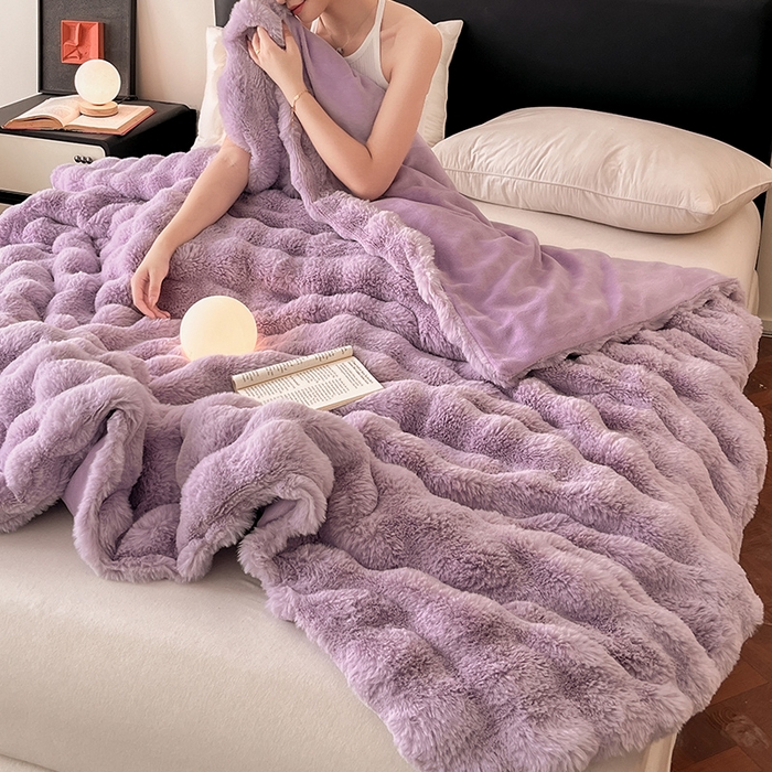 91家纺网 家纺一手货源 找家纺 2024新款A类法式高克重兔绒多功能毛毯被套双用盖毯 香芋紫-毛毯