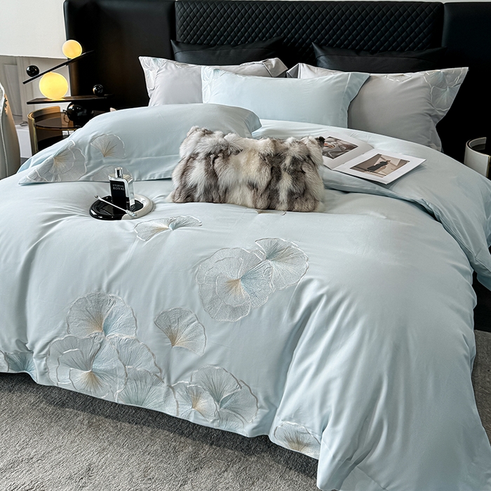 91家纺网 家纺一手货源 找家纺 沐白家居 2024新款100支长绒棉磨毛四件套 云思蓝