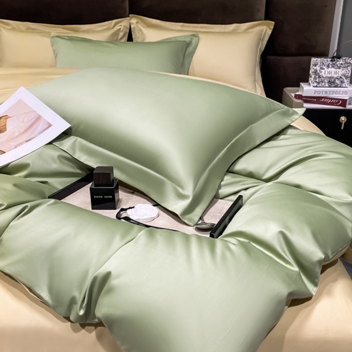 91家纺网 家纺一手货源 找家纺 秀色2025新款50支贡缎纯色双拼四件套长绒棉套件单被套 艾绿+奶茶米