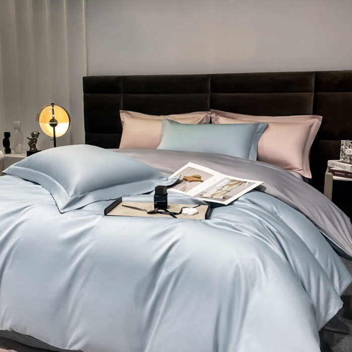 91家纺网 家纺一手货源 找家纺 秀色2025新款50支贡缎纯色双拼四件套长绒棉套件单被套 郁兰+典雅灰