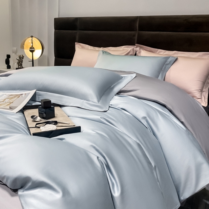 91家纺网 家纺一手货源 找家纺 秀色2025新款50支贡缎纯色双拼四件套长绒棉套件单被套 郁兰+典雅灰