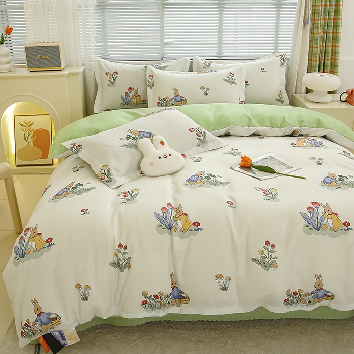 91家纺网 家纺一手货源 找家纺 友承 2025新款亲肤磨毛植物羊绒印花四件套 花丛兔