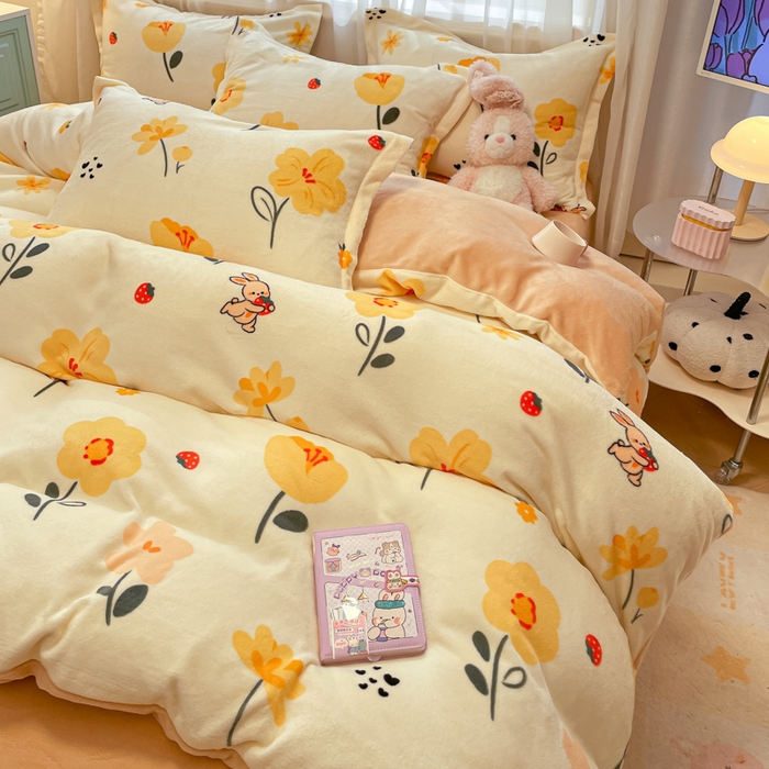 91家纺网 家纺一手货源 找家纺 柒月 2024新款小清新牛奶绒印花加厚保暖四件套 花花奶兔