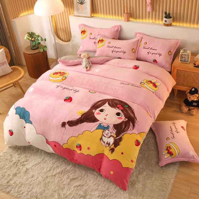 91家纺网 家纺一手货源 找家纺 凡客 2024新款牛奶绒大版印花四件套 丽莎公主