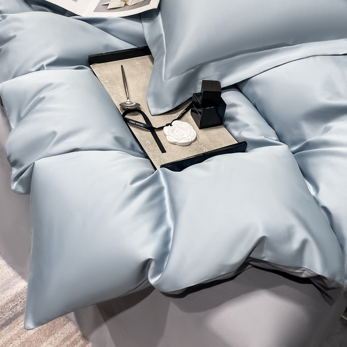 91家纺网 家纺一手货源 找家纺 秀色2025新款50支贡缎纯色双拼四件套长绒棉套件单被套 郁兰+典雅灰