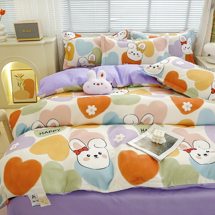 91家纺网 家纺一手货源 找家纺 友承 2025新款亲肤磨毛植物羊绒印花四件套 安心兔