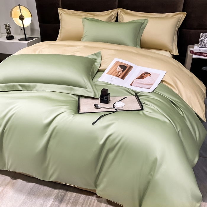 91家纺网 家纺一手货源 找家纺 秀色2025新款50支贡缎纯色双拼四件套长绒棉套件单被套 艾绿+奶茶米
