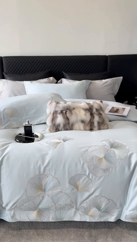 91家纺网 家纺一手货源 找家纺 沐白家居 2024新款100支长绒棉磨毛四件套 云思蓝