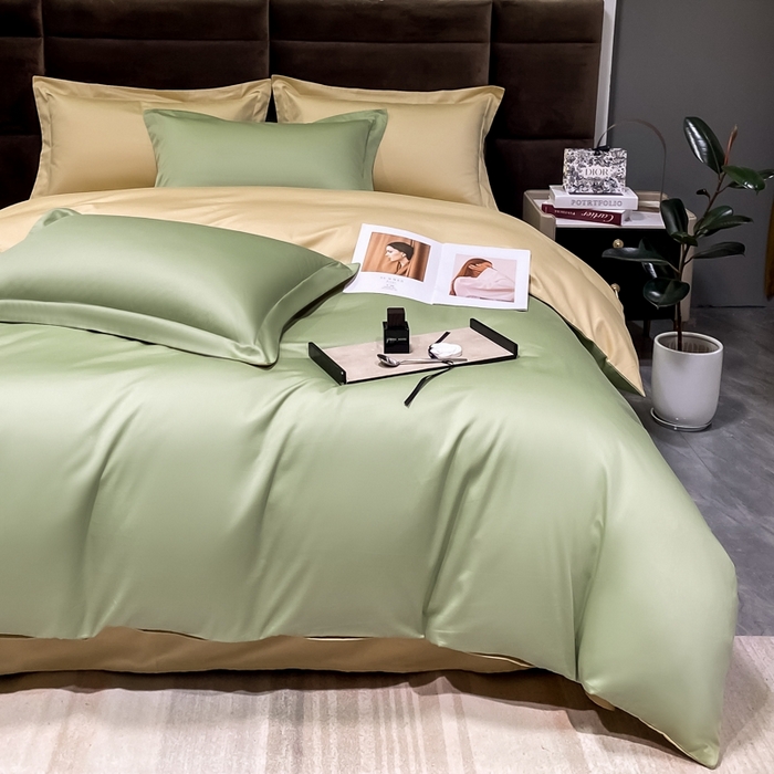 91家纺网 家纺一手货源 找家纺 秀色2025新款50支贡缎纯色双拼四件套长绒棉套件单被套 艾绿+奶茶米
