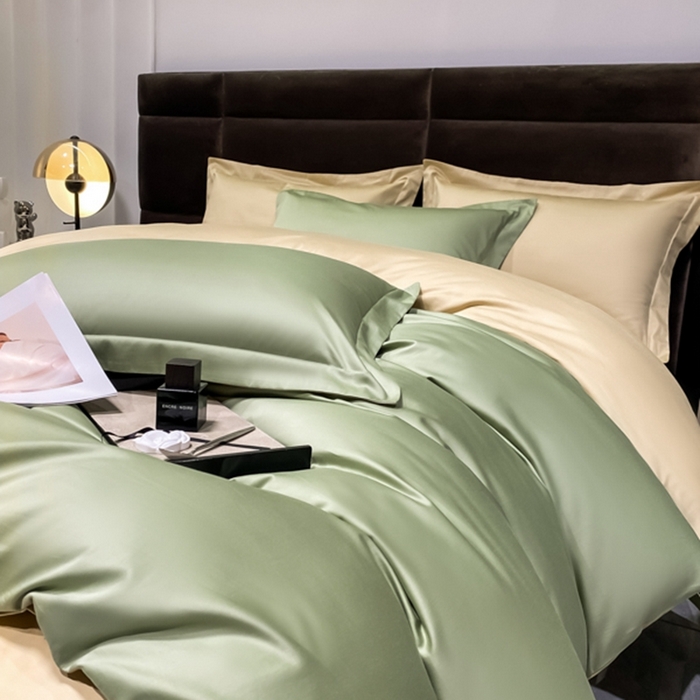 91家纺网 家纺一手货源 找家纺 秀色2025新款50支贡缎纯色双拼四件套长绒棉套件单被套 艾绿+奶茶米