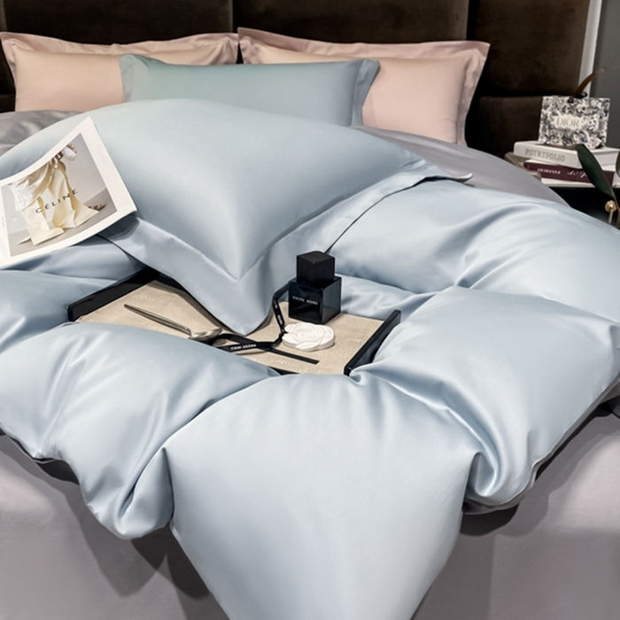 91家纺网 家纺一手货源 找家纺 秀色2025新款50支贡缎纯色双拼四件套长绒棉套件单被套 郁兰+典雅灰