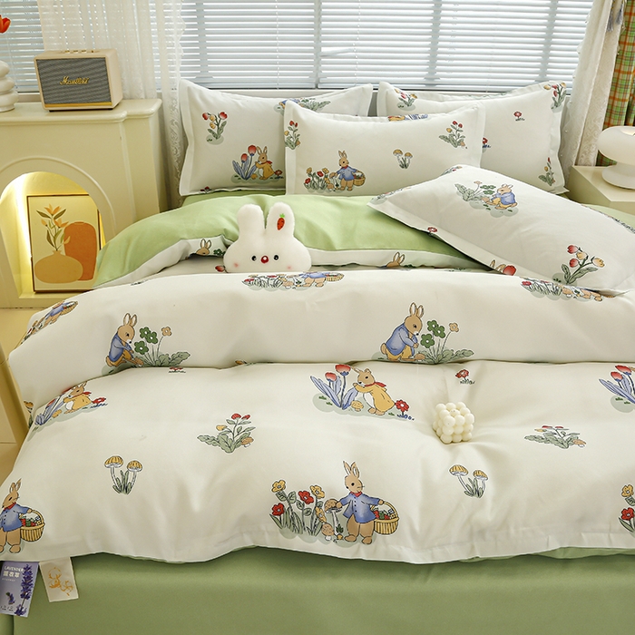 91家纺网 家纺一手货源 找家纺 友承 2025新款亲肤磨毛植物羊绒印花四件套 花丛兔