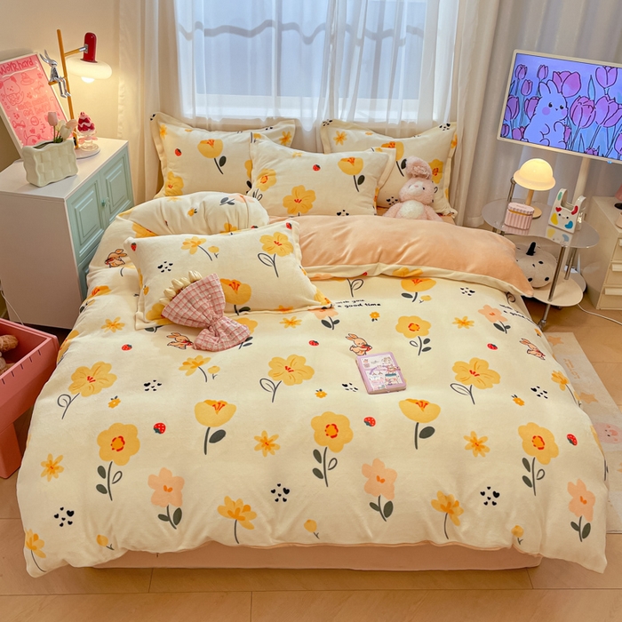 91家纺网 家纺一手货源 找家纺 柒月 2024新款小清新牛奶绒印花加厚保暖四件套 花花奶兔