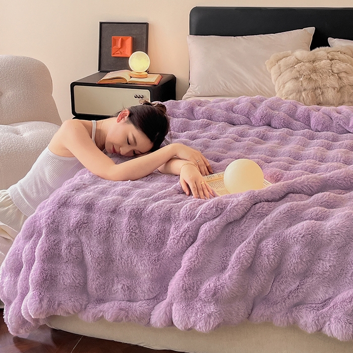 91家纺网 家纺一手货源 找家纺 2024新款A类法式高克重兔绒多功能毛毯被套双用盖毯 香芋紫-毛毯