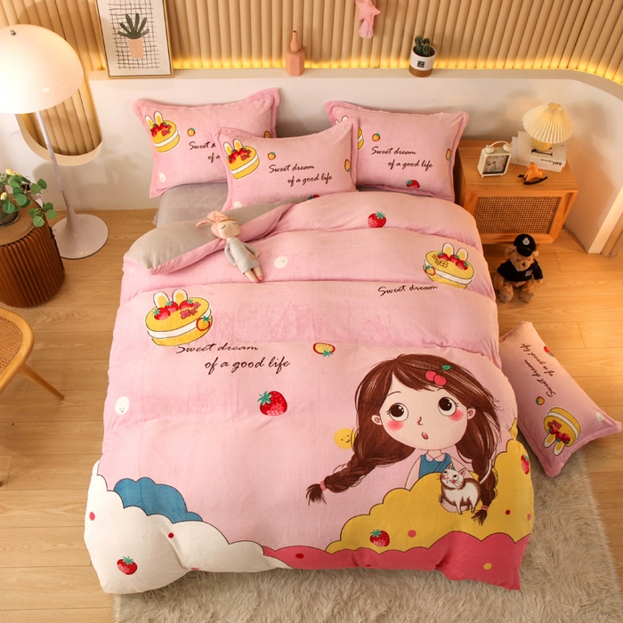 91家纺网 家纺一手货源 找家纺 凡客 2024新款牛奶绒大版印花四件套 丽莎公主