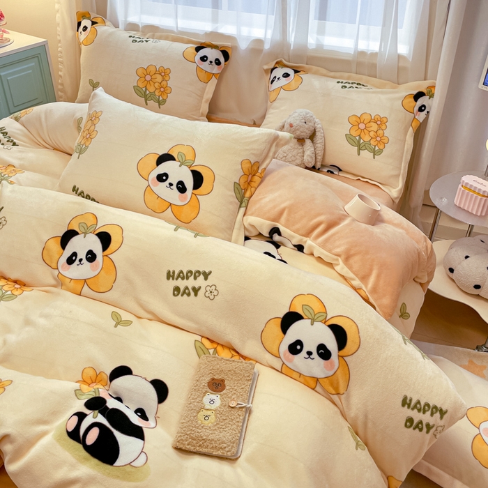 91家纺网 家纺一手货源 找家纺 柒月 2024新款小清新牛奶绒印花加厚保暖四件套 花花熊猫