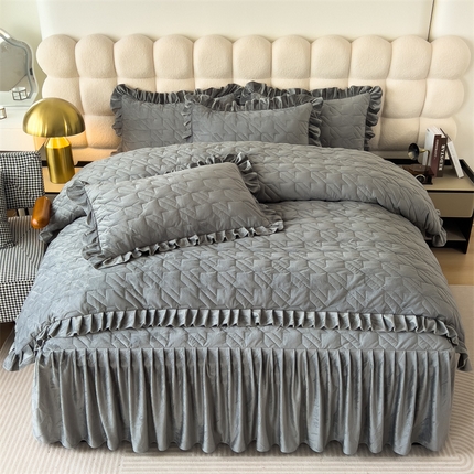 屹成家纺 2024新款水晶绒夹棉绗缝千鸟格四件套 千鸟格-银灰
