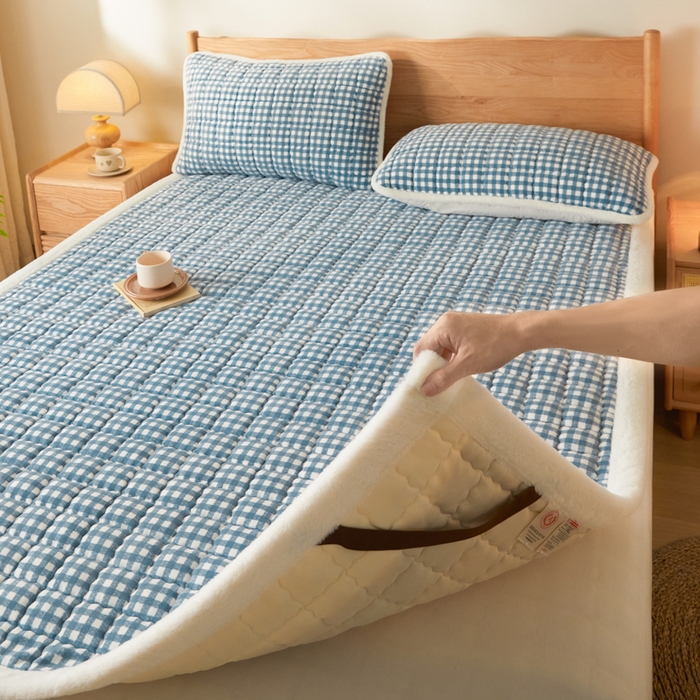 91家纺网 家纺一手货源 找家纺 鑫钰 2024秋冬新款加厚牛奶绒床垫床褥床护垫 暖格-蓝小格