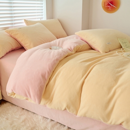 晨曦家纺 2024新款ins简约风牛奶绒双拼单被套 奶油黄拼粉