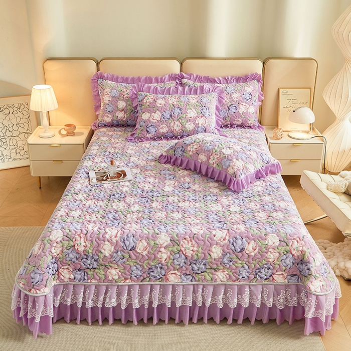 91家纺网 家纺一手货源 找家纺 艾裙海 2025新款高克重加厚保暖A类牛奶绒夹棉床盖系列四件套 紫韵