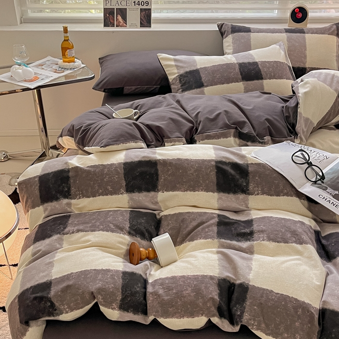 91家纺网 家纺一手货源 找家纺 吉象家纺 2024新款全棉磨毛印花四件套 灰大格