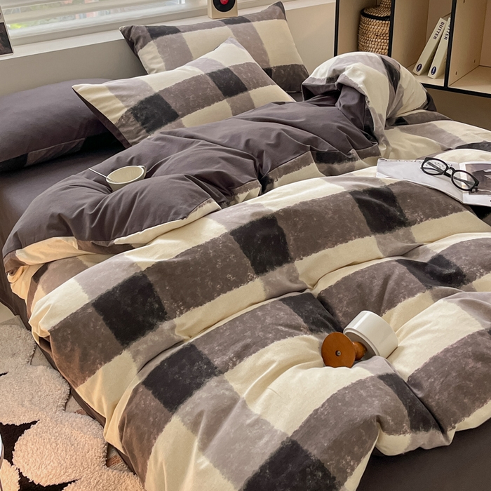 91家纺网 家纺一手货源 找家纺 吉象家纺 2024新款全棉磨毛印花四件套 灰大格