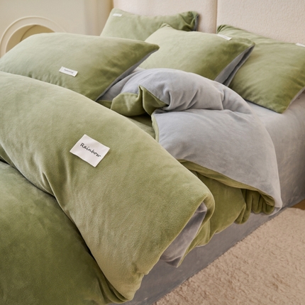 晨曦家纺 2024新款ins简约风牛奶绒双拼单被套 浅绿+浅灰