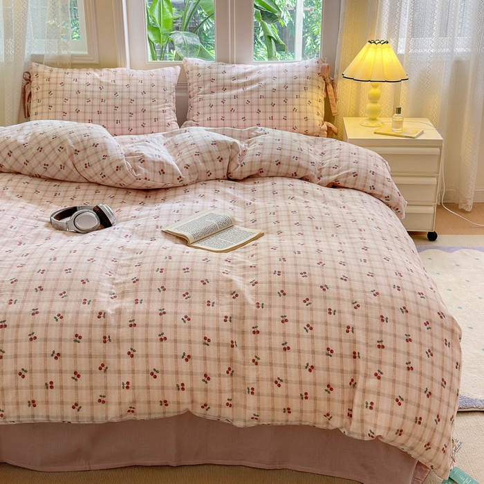 91家纺网 家纺一手货源 找家纺 （总）2024秋冬新款系带格子双层纱四件套