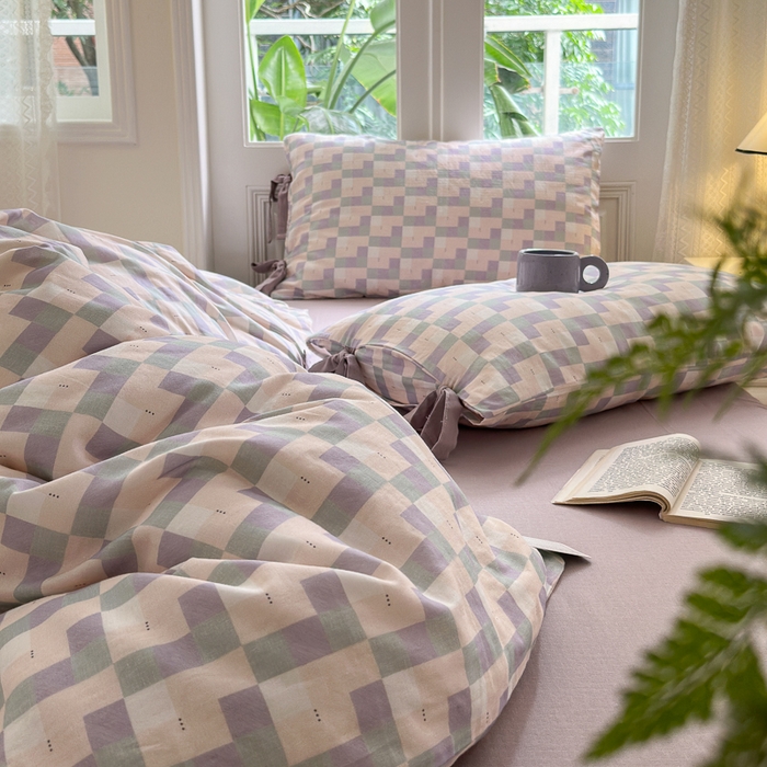 91家纺网 家纺一手货源 找家纺 2024秋冬新款系带格子双层纱四件套 格调 紫