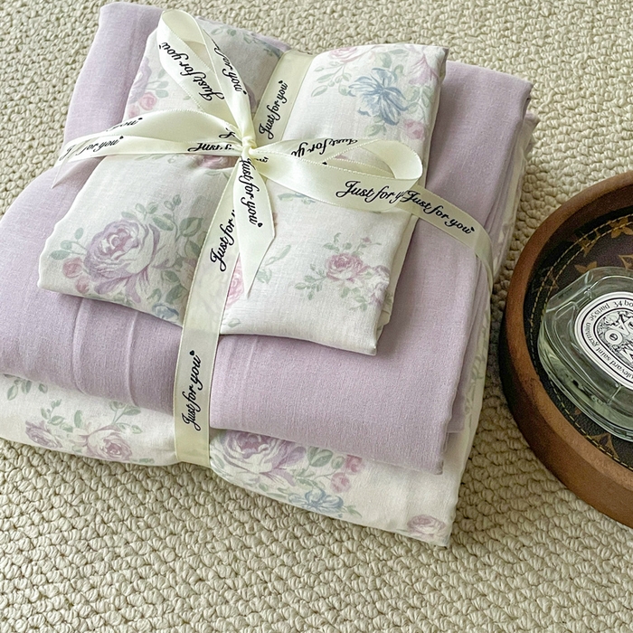 91家纺网 家纺一手货源 找家纺 一比一家纺 2025新款全棉母婴级抗菌有氧全棉双层纱亲肤全棉小清新印花三件套四件套 婆娑