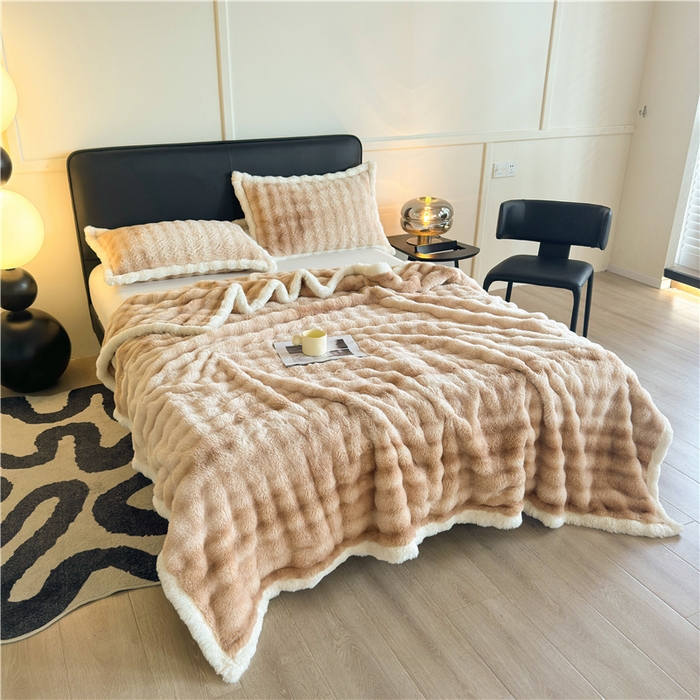 91家纺网 家纺一手货源 找家纺 喜居 2024新款大泡泡双面兔毛毛毯 科伦娜兔毛绒-炫彩咖